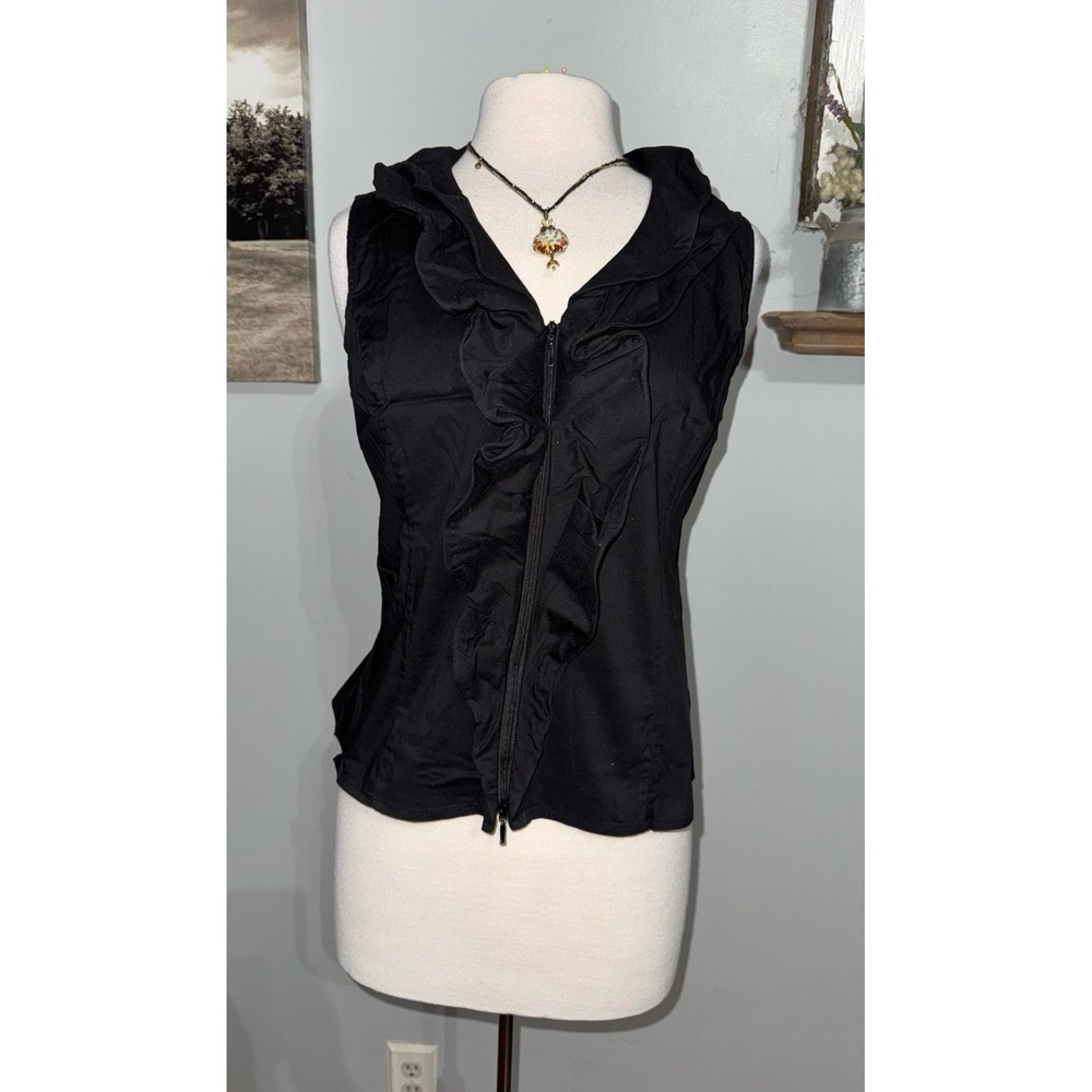 Samuel Dong black sleeveless zip front wired ruffle top size large